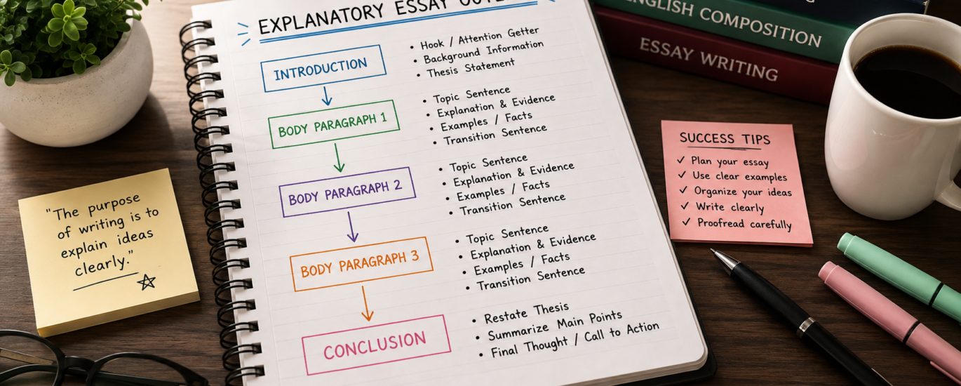 Explanatory essay outline showing introduction, body paragraphs, and conclusion