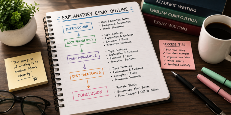 Explanatory essay outline showing introduction, body paragraphs, and conclusion