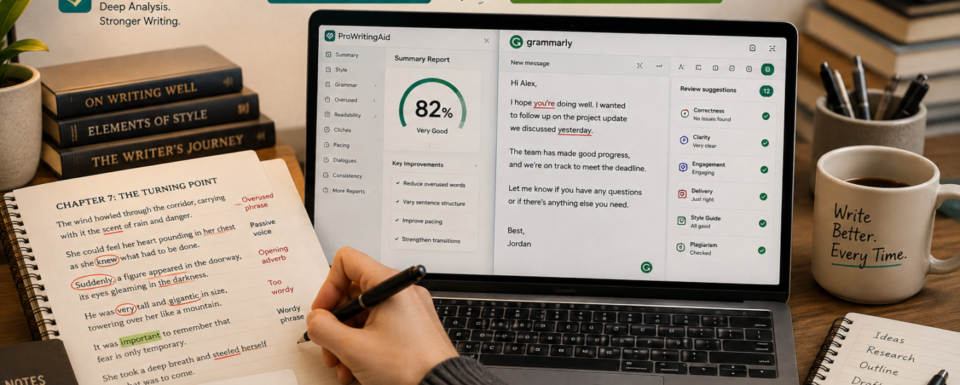 ProWritingAid vs Grammarly comparison showing deep manuscript editing and real-time writing corrections